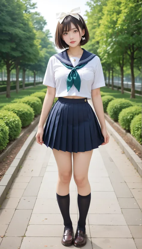 score_9, score_8_up, score_7_up, score_6_up, Source_ 1girl, solo,   PMMly, dark haired, brown eyes, short hair, hair bow,  white bow , White shirt, sailor color, neckerchief, Burberry Check Skirts, Pleated Skirt, black knee high socks，Brown Loafers，is watc...