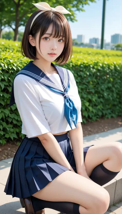 score_9, score_8_up, score_7_up, score_6_up, Source_ 1girl, solo,   PMMly, dark haired, brown eyes, short hair, hair bow,  white bow , White shirt, sailor color, neckerchief, Burberry Check Skirts, Pleated Skirt, black knee high socks，Brown Loafers，is watc...