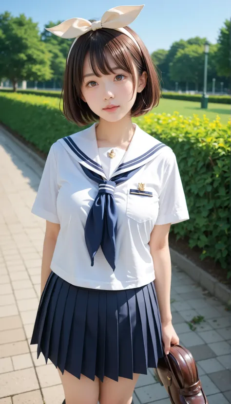 score_9, score_8_up, score_7_up, score_6_up, Source_ 1girl, solo,   PMMly, dark haired, brown eyes, short hair, hair bow,  white bow , White shirt, sailor color, neckerchief, Burberry Check Skirts, Pleated Skirt, black knee high socks，Brown Loafers，is watc...