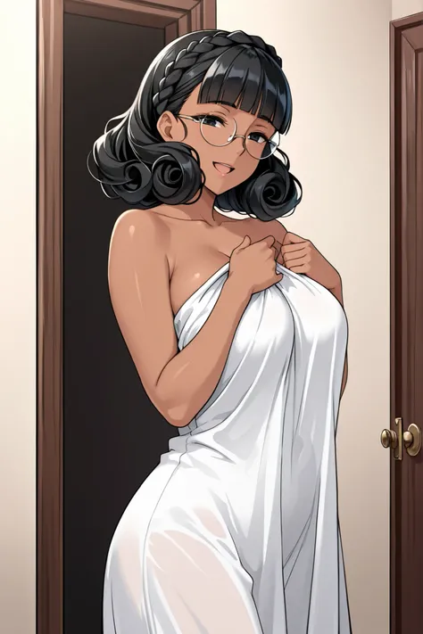 1 girl, solo,beautiful girl,adult,18 years old,black eyes,black hair,masterpiece,general,highres, ultra-detailed,very aesthetic,best quality,best hands,best eyes,perfect anatomy,anime coloring,easynegative,dark skin,BREAK,Victorian Maid,sel-frame glasses,r...