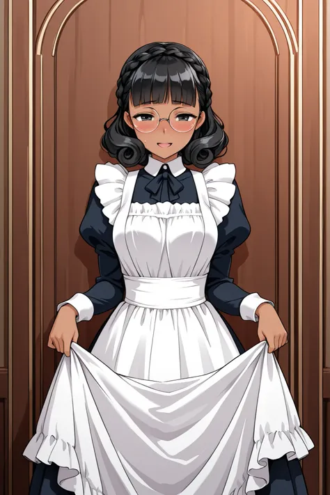 1 girl, solo,beautiful girl,adult,18 years old,black eyes,black hair,masterpiece,general,highres, ultra-detailed,very aesthetic,best quality,best hands,best eyes,perfect anatomy,anime coloring,easynegative,dark skin,BREAK,Victorian Maid,sel-frame glasses,r...