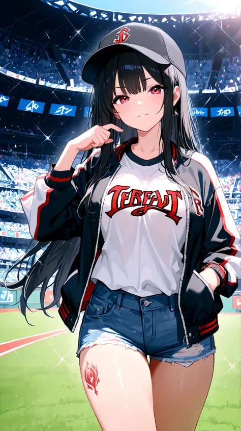(((Best quality, 8k, Masterpiece: 1.3)), ((best quality)), ((masterpiece)), (detailed), perfect face, Beautiful Skin, detailed face. detailed eyes, ray tracing, sparkle, high resolution, Textured skin, Baseball cap, stadium jacket, white T-shirt, denim sho...