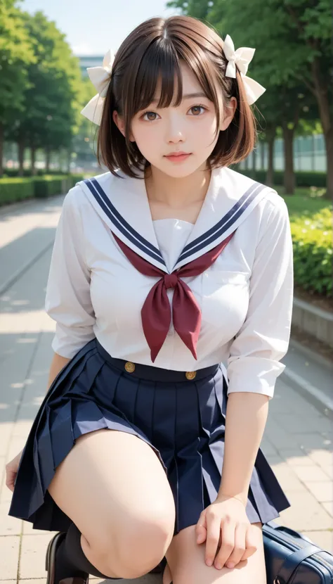 score_9, score_8_up, score_7_up, score_6_up, Source_ 1girl, solo,   PMMly, dark haired, brown eyes, short hair, hair bow,  white bow , White shirt, sailor color, neckerchief, Burberry Check Skirts, Pleated Skirt, black knee high socks，Brown Loafers，Brown s...