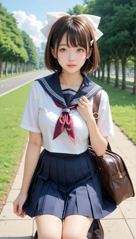 score_9, score_8_up, score_7_up, score_6_up, Source_ 1girl, solo,   PMMly, dark haired, brown eyes, short hair, hair bow,  white bow , White shirt, sailor color, neckerchief, Burberry Check Skirts, Pleated Skirt, black knee high socks，Brown Loafers，Brown s...