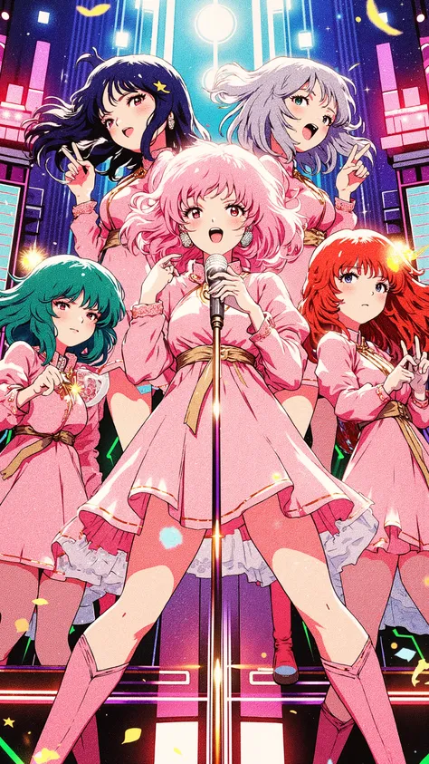 Ultra-vibrant, high-energy anime idol **group** performing on stage, dynamic wide-angle shot.  
– Members: Five charismatic idols, diverse hairstyles & colors (midnight-blue twin-tails, pastel-pink bob, emerald short cut, silver side pony, fiery red long c...