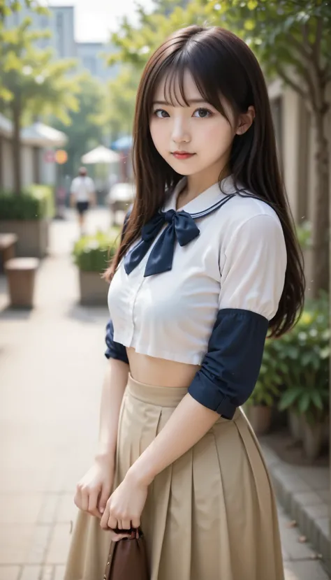 score_9, score_8_up, score_7_up, score_6_up, Source_ 1girl, solo,   PMMly, dark haired, brown eyes, short hair, hair bow,  white bow , white shirt, sailor color, neckerchief, Burberry Check Skirts, Pleated Skirt, black knee high socks，Brown Loafers，Brown s...