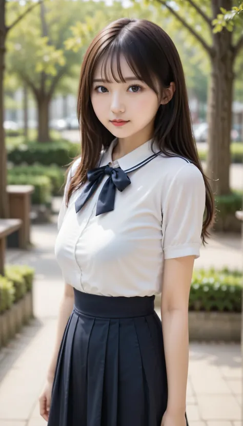 score_9, score_8_up, score_7_up, score_6_up, Source_ 1girl, solo,   PMMly, dark haired, brown eyes, short hair, hair bow,  white bow , white shirt, sailor color, neckerchief, Burberry Check Skirts, Pleated Skirt, black knee high socks，Brown Loafers，Brown s...