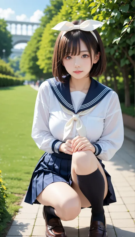 score_9, score_8_up, score_7_up, score_6_up, Source_ 1girl, solo,   PMMly, dark haired, brown eyes, short hair, hair bow,  white bow , White shirt, sailor color, neckerchief, Burberry Check Skirts, Pleated Skirt, black knee high socks，Brown Loafers，is watc...