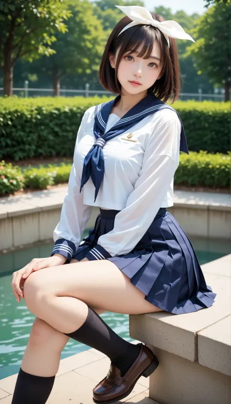 score_9, score_8_up, score_7_up, score_6_up, Source_ 1girl, solo,   PMMly, dark haired, brown eyes, short hair, hair bow,  white bow , White shirt, sailor color, neckerchief, Burberry Check Skirts, Pleated Skirt, black knee high socks，Brown Loafers，is watc...