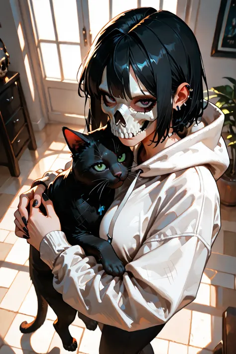 (SuperQuality:1.0) ~ (SuperQuality:1.2), detailxl, girl, Solo, High Resolution, Best Quality, High Details, Super Detailed, indoors, (simon_riley), ((skull_mask)), white oversize hoodie, ear piercing, large breasts, short hair, black hair, long nails, blac...