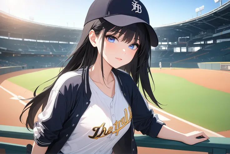 (((Best quality, 8k, Masterpiece: 1.3)), ((best quality)), ((masterpiece)), (detailed), perfect face, Beautiful Skin, detailed face. detailed eyes, ray tracing, sparkle, high resolution, Textured skin, Baseball cap, stadium jacket, white T-shirt, denim sho...