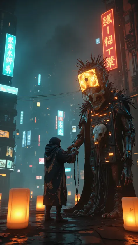 Cyber-shaman in floppy disk cloak performing ritual with pigeon skull (quantum chip inside), cracked server-totem glowing with data streams, warm lanterns light vs cold neon signs, Moebius impossible architecture background, by Stålenhag and Rebisz, 8K tex...
