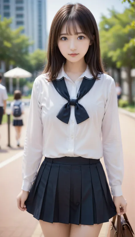 score_9, score_8_up, score_7_up, score_6_up, Source_ 1girl, solo,   PMMly, brown hair，brown eyes, brown hairウェーブロングヘア，white shirt, sailor suit，neckerchief, Gingham Check Skirt, Pleated Skirt, black knee high socks，Brown Loafers，Brown school-designated bag，...