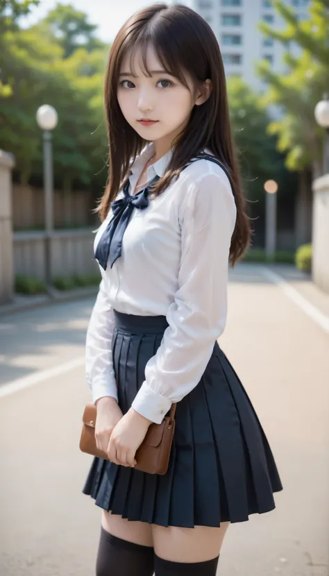 score_9, score_8_up, score_7_up, score_6_up, Source_ 1girl, solo,   PMMly, brown hair，brown eyes, brown hairウェーブロングヘア，white shirt, sailor suit，neckerchief, Gingham Check Skirt, Pleated Skirt, black knee high socks，Brown Loafers，Brown school-designated bag，...
