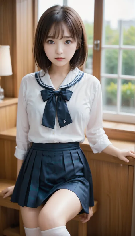 score_9, score_8_up, score_7_up, score_6_up, Source_ 1girl, solo,   PMMly, brown hair，brown eyes, brown hairウェーブロングヘア，white shirt, sailor suit，neckerchief, Gingham Check Skirt, Pleated Skirt, black knee high socks，Brown Loafers，Brown school-designated bag，...