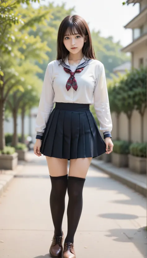 score_9, score_8_up, score_7_up, score_6_up, Source_ 1girl, solo,   PMMly, dark haired, brown eyes, short hair, headband，white shirt, sailor color, neckerchief, Burberry Check Skirts, Pleated Skirt, black knee high socks，Brown Loafers，Brown school-designat...