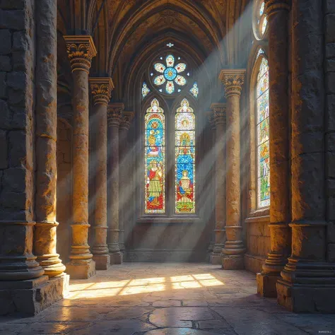 Ancient stone cathedral with light filtering through stained glass, peaceful and mysterious, oil painting style