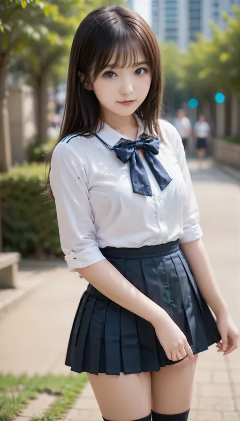 score_9, score_8_up, score_7_up, score_6_up, Source_ 1girl, solo,   PMMly, dark haired, brown eyes, short hair, headband，white shirt, sailor color, neckerchief, Burberry Check Skirts, Pleated Skirt, black knee high socks，Brown Loafers，Brown school-designat...
