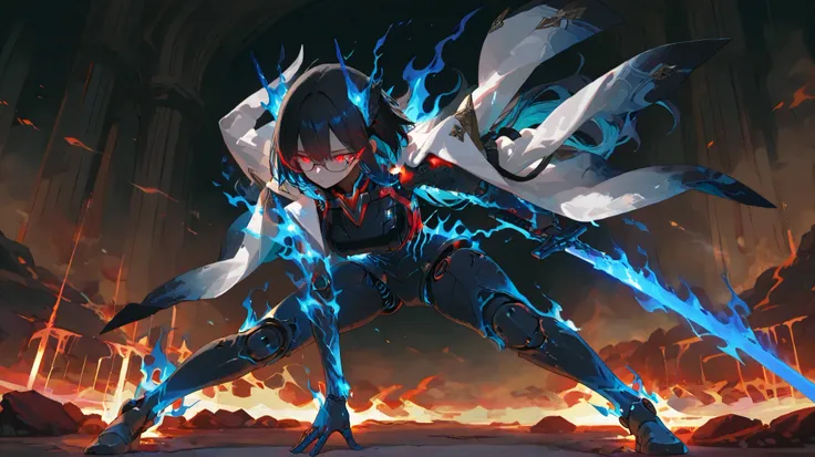 (masterpiece, Highest Quality), (very detailed, Highest Quality, Official Art,  beautiful、sophisticated: 1.2), Female 1 , armor, sword, red eyes , glowing  eyes , black hair , turquoise colored inner hair , engulfed in flames、headgear, full body, combat st...