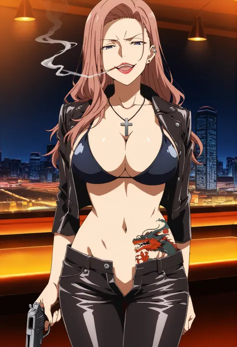 score_9_up, score_8_up, score_7_up, source_anime, masterpiece, best quality, 1girl, solo, Manami, Suda_Def, , lips, brown hair, long hair, pink hair, blue eyes,  mature body,, ear piercing, long hair, lipstick,Hot girl, baddie, smoking, bad attitude, mean ...