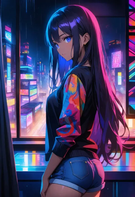 top quality , highest resolution, detailed depiction of the eyes, colorful, dark theme, one female, dark blue color eyes, dark color hair, long hair, light dark skin, denim shorts, provocative, Lizard pattern design, neon city, indoor , room, night, Overl...