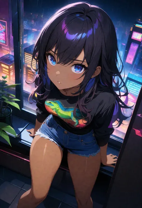top quality , highest resolution, detailed depiction of the eyes, colorful, dark theme, one female, dark blue color eyes, dark color hair, long hair, light dark skin, denim shorts, provocative, Lizard pattern design, neon city, indoor , room, night, Overl...