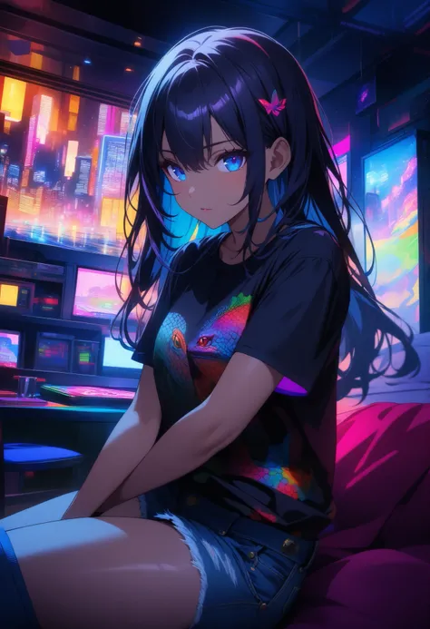 top quality , highest resolution, detailed depiction of the eyes, colorful, dark theme, one female, dark blue color eyes, dark color hair, long hair, light dark skin, denim shorts, provocative, Lizard pattern design, neon city, indoor , room, night, Overl...