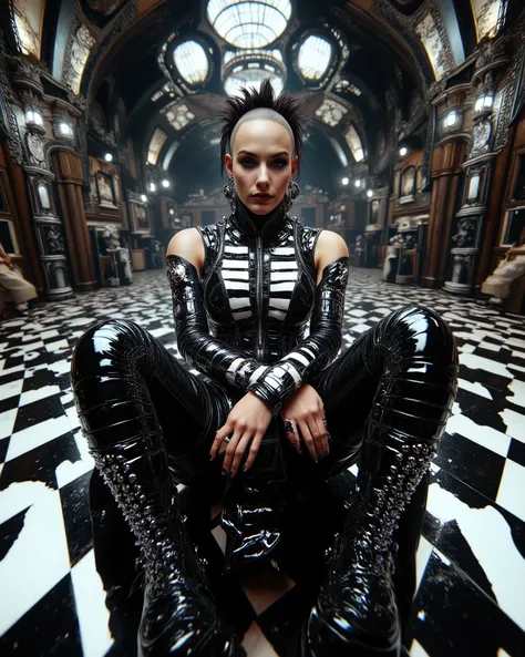 In an environment such as a checkerboard A surreal work that represents a Nordic woman fashion model. The beautiful punk metal woman wears black leather clothing and spikes with huge platform boots that combine intricate details with abstract and geometri...