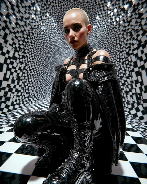 In an environment such as a checkerboard A surreal work that represents a Nordic woman fashion model. The beautiful punk metal woman wears black leather clothing and spikes with huge platform boots that combine intricate details with abstract and geometri...