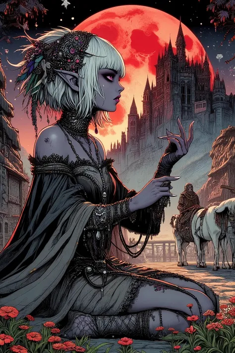 (Fusion of Ukiyo-e and dark fantasy. Gothic style digital art. Precise drawing of one thumb and four fingers.) BREAK
(White hair. Blunt bangs. White eyebrows. Long white eyelashes. Almond-shaped eyes. Lavender eyes. Dark, thick eyeliner. Small pink lips. ...