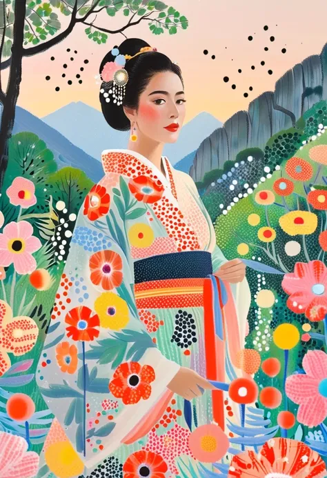 Picture of a Woman Wearing a Colorful Kimono, Beautiful Face、 vivid gouache painting landscape, Whimsical Kimono, Colorful Kimono Belt, Nature Painting, Kimono with Colorful Flowers, Detailed Patterns、 lots of flowers , inspired by Henri Rousseau, Inspir...
