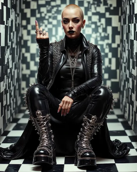 In an environment such as a checkerboard A surreal work that represents a Nordic woman fashion model. The beautiful punk metal woman wears black leather clothing and spikes with huge platform boots that combine intricate details with abstract and geometri...