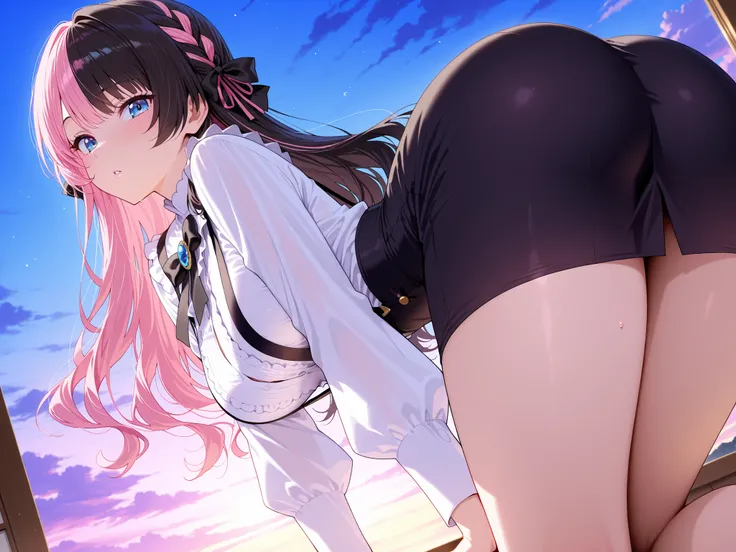 solo,masterpiece,best quality, amazing quality, highres, absurdres, very aesthetic, high resolution, ultra detailed, perfect details,Hinan0Def, blue eyes, (multicolored hair), pink hair, black hair, long hair, french braid, hair bow, black bowtie, brooch, ...