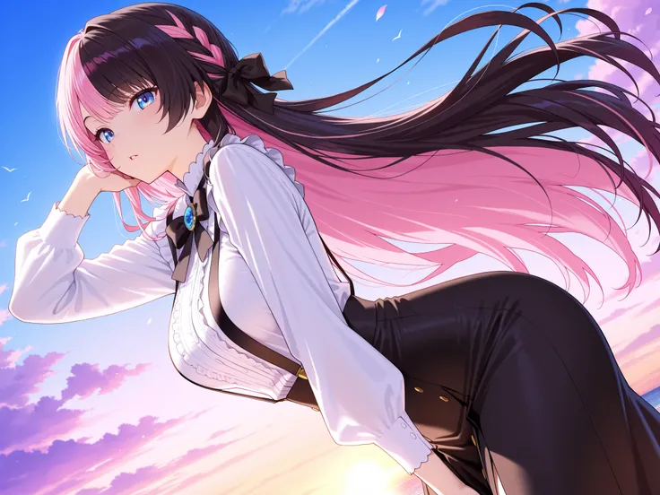 solo,masterpiece,best quality, amazing quality, highres, absurdres, very aesthetic, high resolution, ultra detailed, perfect details,Hinan0Def, blue eyes, (multicolored hair), pink hair, black hair, long hair, french braid, hair bow, black bowtie, brooch, ...