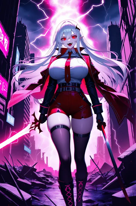 long white hair, vampire, glowing detailed red eyes, uniform, white shirt, tie, red shorts, holding sword, 1girl, solo, vampire fangs, huge breasts, ruined futuristic city, dystopia, lightning storm, pink lighting, volumetric lighting, cinematic lighting, ...