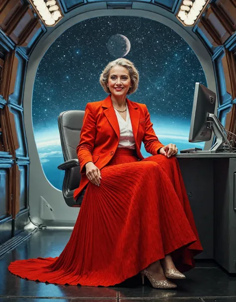 Soft focus captures a vintage aesthetic on 35mm film, reminiscent of Portra400 or Vision3 200T/500T. In a spaceship office, a compassionate therapist sits surrounded by starry cosmos through large windows. Her long, pleated skirt flows elegantly around her...