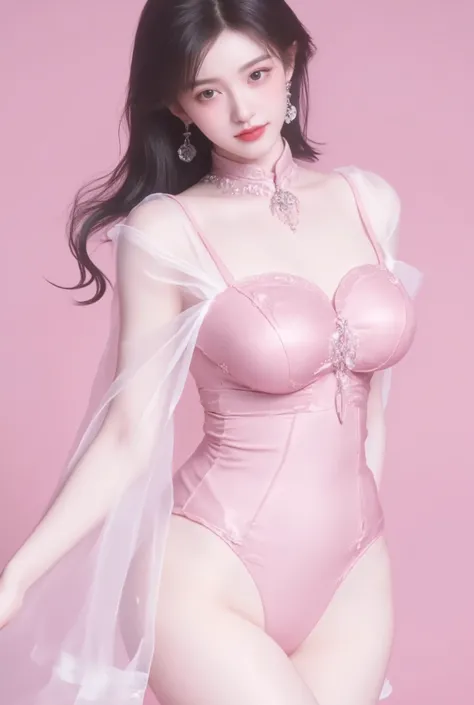 solo,long hair,brown eyes,black hair,garter belt,big breasts,round breasts,1 girl,heterosexual,focus on women,close up,concept art,pink cheongsam,short cheongsam,see-through cheongsam,pale skin,beautiful face,white skin,simple background,pink background,bi...