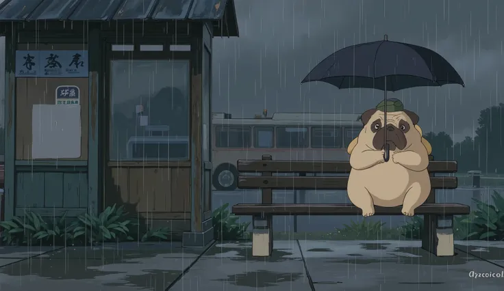 An old-fashioned bus stop. A pug with a black umbrella waiting for the bus. No human. Rainy.