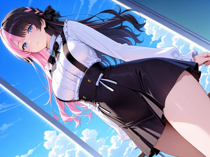 solo,masterpiece,best quality, amazing quality, highres, absurdres, very aesthetic, high resolution, ultra detailed, perfect details,Hinan0Def, blue eyes, (multicolored hair), pink hair, black hair, long hair, french braid, hair bow, black bowtie, brooch, ...