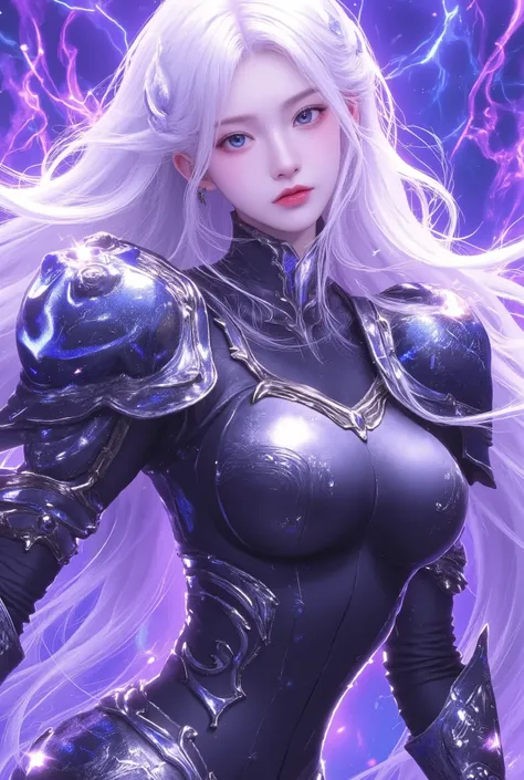 Create a highly detailed fantasy character design featuring a female warrior with long, flowing white hair and striking blue eyes. She should be wearing a form-fitting black armor suit that has a glossy finish, paired with ornate dark blue and silver accen...