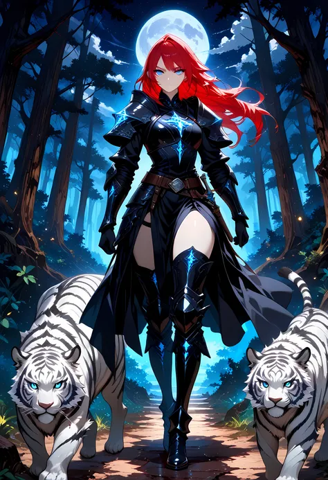 picture of a female dark elf ranger and her pet white tiger,  warrior of nature, fighter of nature, full body, full body (masterpiece, best quality, high quality, detailed, absurdres) talking to an epic ((white tiger:)) (masterpiece, best quality, high qua...