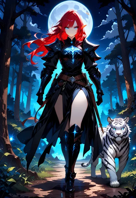 picture of a female dark elf ranger and her pet white tiger,  warrior of nature, fighter of nature, full body, full body (masterpiece, best quality, high quality, detailed, absurdres) talking to an epic ((white tiger:)) (masterpiece, best quality, high qua...