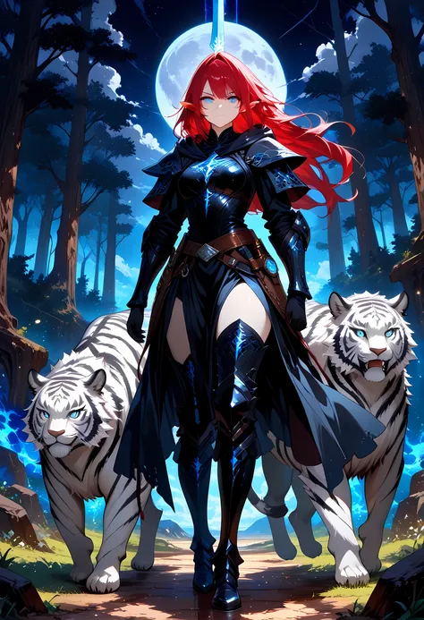 picture of a female dark elf ranger and her pet white tiger,  warrior of nature, fighter of nature, full body, full body (masterpiece, best quality, high quality, detailed, absurdres) talking to an epic ((white tiger:)) (masterpiece, best quality, high qua...