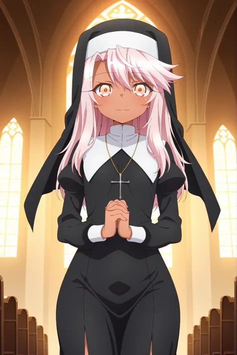 masterpiece, best quality, amazing quality, absurdres, highres,(anime screencap:1.4),solo, 1girl,chloe von einzbern,dark skin, pink hair,orange eyes, medium hair,nun,church,indoor