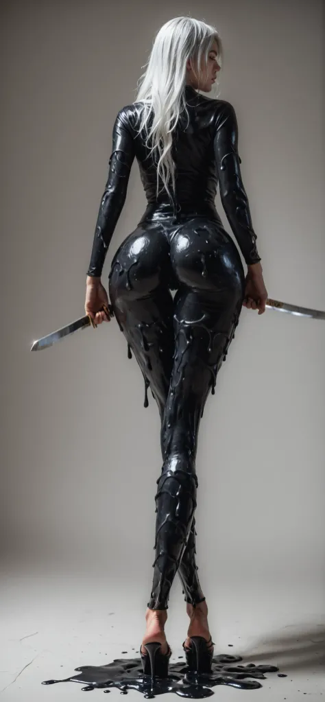 Last girl standing in end of the world, ((white hair)), black slime, black outfit, (((full body portrait))), ass on focus, ((detailed hot legs and ass)), (((black slime))),  from back and below , hot pic, ((wearing only a black slime, and platform high hee...