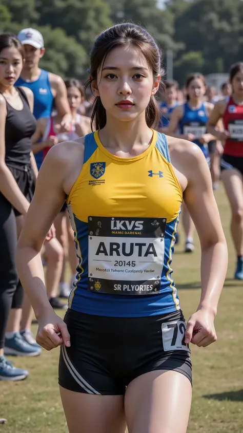 Cross-Country Playerのユニフォームを着た美しいアジアのアイドル女性が２There are people、Young round face、clear eyes、２A person's face is a different person。 Mid 20s, Cross-Country Player, Centrally located, she has a neutral expression、standing straight、her hands are naturally lower...
