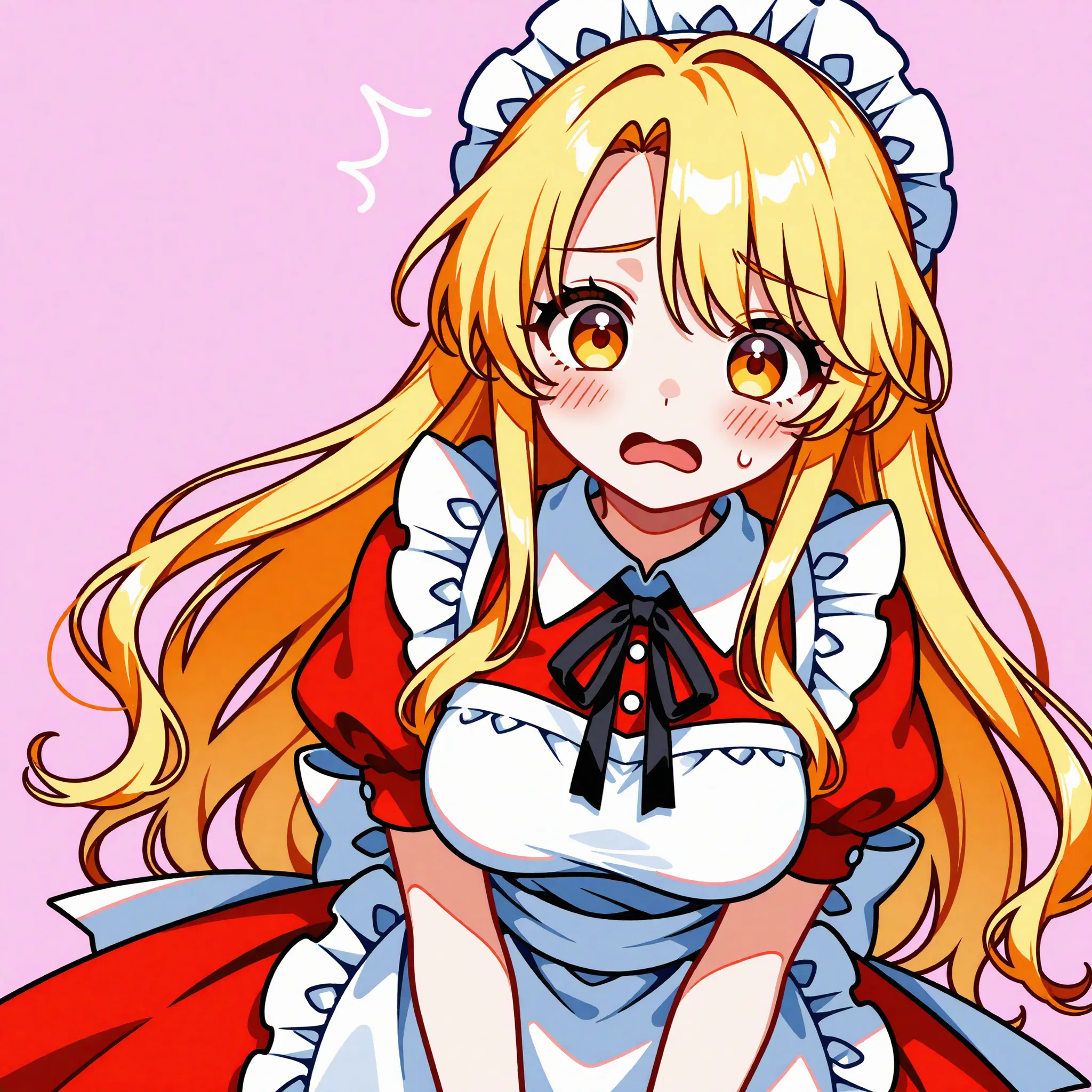 1girl,(yumeko (touhou):2), yellow eyes, blonde hair, long hair, red long dress, maid, maid apron, maid headdress, black ribbon, puffy short sleeves, back bow,simple background,close up,(anguish,panicking:1.2),(kawaii,cute:1.4),medium breasts,