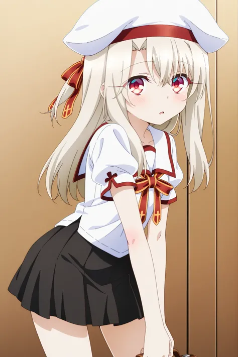 masterpiece, best quality, amazing quality, absurdres, highres,(anime screencap:1.4),solo, 1girl,illyasviel_von_einzbern , red eyes, long hair,homurahara academy school uniform, white shirt, short sleeves, red ribbon, pleated skirt, white beret