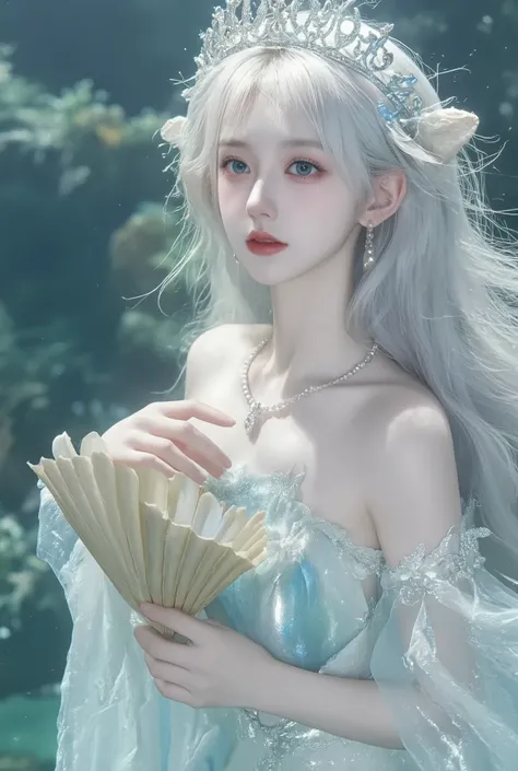 (1girl, mermaid, princess, beautiful detailed eyes, beautiful detailed lips, extremely detailed face, long eyelashes, wavy hair, crown, pearls, seashells, underwater, ocean, coral reef, bioluminescent light, cinematic lighting, dramatic lighting, vibrant c...