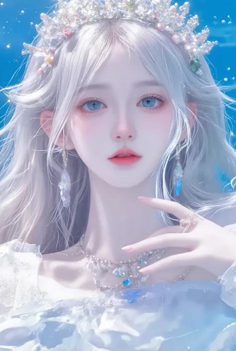 (1girl, mermaid, princess, beautiful detailed eyes, beautiful detailed lips, extremely detailed face, long eyelashes, wavy hair, crown, pearls, seashells, underwater, ocean, coral reef, bioluminescent light, cinematic lighting, dramatic lighting, vibrant c...